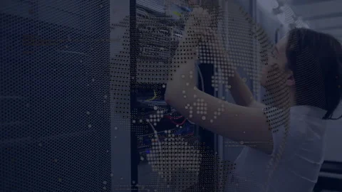 Working on server, technician analyzing digital animation with world map overlay Stock Footage 305073363