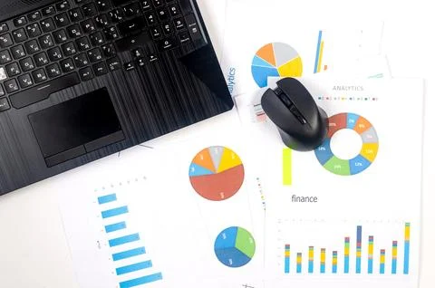 Working set for analyzing statistics and results of last year. Charts and g.. Stock Photos