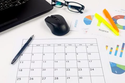 Working set for analyzing statistics and results of last year. Charts and g.. Stock Photos