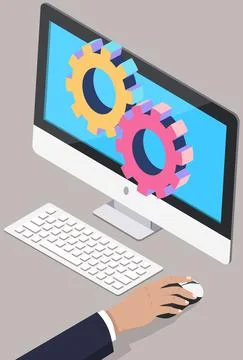 Working with settigns program on computer monitor. Customization technology Stock Illustration