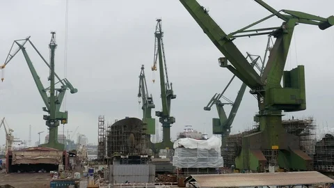 Working shipyard cranes and view on Shipyard Stock Footage
