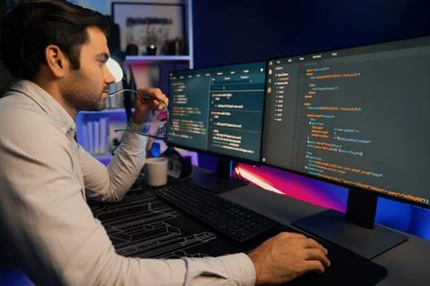 Working smart IT developer analyzing data software development on pc. Surmise. Foto stock