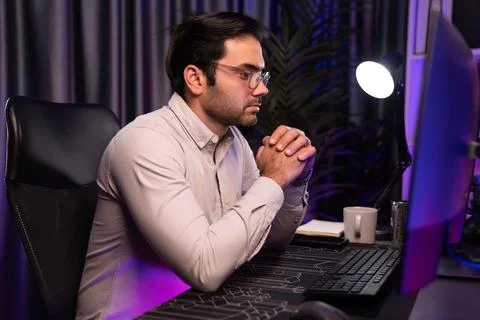 Working smart IT developer analyzing data software development on pc. Surmise. 스톡 사진