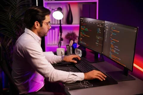 Working smart IT developer analyzing data software development on pc. Surmise. 스톡 사진