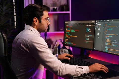 Working smart IT developer analyzing data software development on pc. Surmise. 스톡 사진