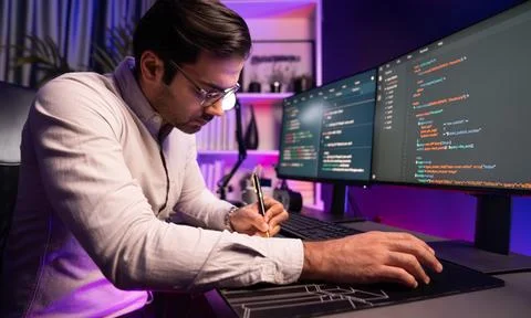 Working smart IT developer writing data software development on pc. Surmise. 스톡 사진