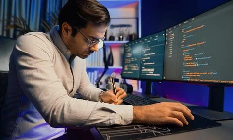 Working smart IT developer writing data software development on pc. Surmise. 스톡 사진