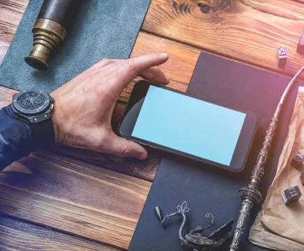 Working with a smartphone. Foto stock