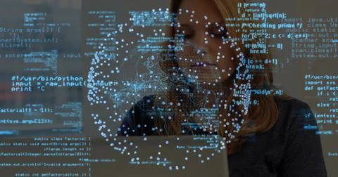 Working software developer coding on laptop in workspace, with blue code data Stock Photos