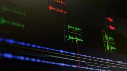 Working in sound editing program. Computer screen monitor close up. Pixels vi Stock Footage 196210355