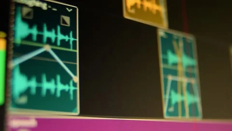 Working in sound editing program. Computer screen monitor close up. Pixels Stock Footage 196210835