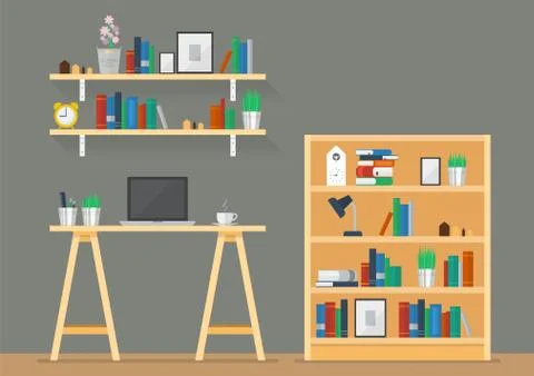 Working space with bookshelves in flat style Stock Illustration