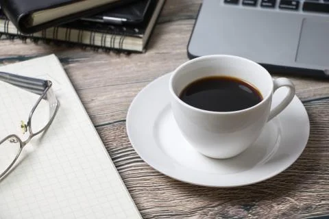 Working Space with coffee IT and supplies Stock Photos