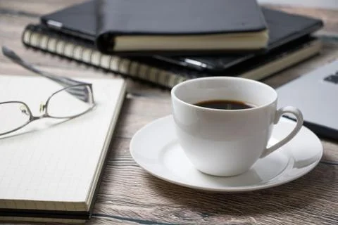 Working Space with coffee IT and supplies Stock Photos