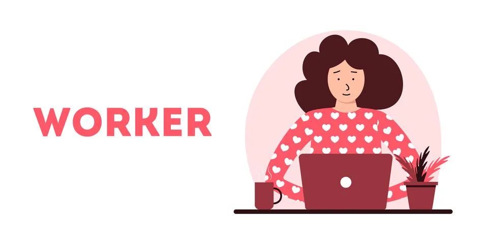 Working space, concept illustration. Young woman working on desktop home office Stock Illustration
