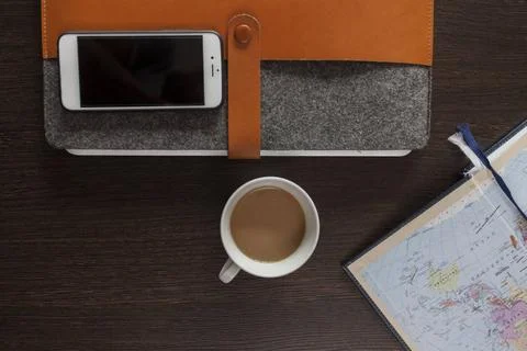 Working space of the designer of the developer On a wooden table a laptop ... Stock Photos