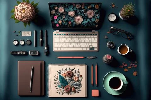 Working space flat lay, labtop, Made by AI,Artificial intelligence Stock Illustration