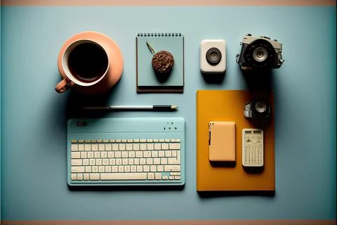 Working space flat lay, labtop, Made by AI,Artificial intelligence Stock Illustration