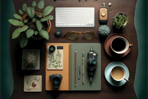 Working space flat lay, labtop, Made by AI,Artificial intelligence Stock Illustration