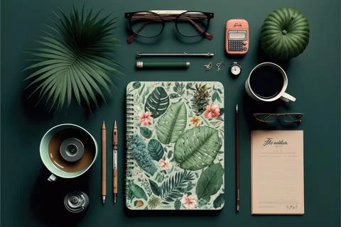 Working space flat lay, labtop, Made by AI,Artificial intelligence Stock Illustration