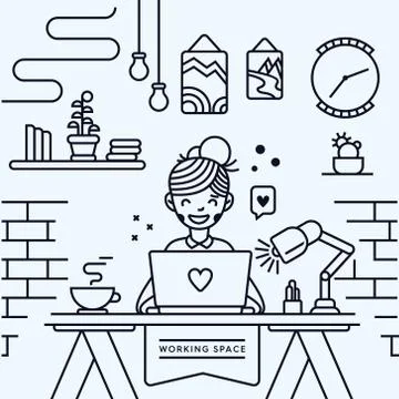 Working Space Mono-line Background Design Stock Illustration