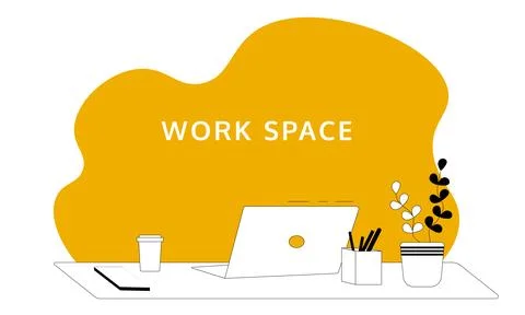 The working space. The room have a computer on the table, cup of coffee and.. Illustrazione stock