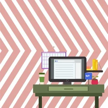 Working Space Station of Technical Person with Computer Monitor, Notepad and To Stock Illustration