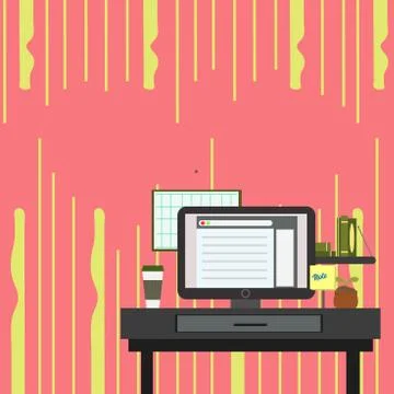 Working Space Station of Technical Person with Computer Monitor, Notepad and To Stock Illustration