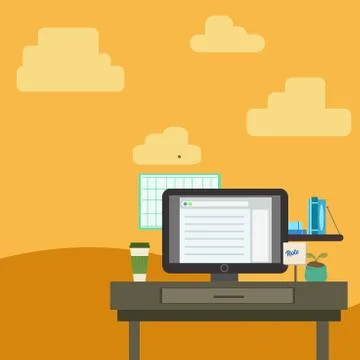 Working Space Station of Technical Person with Computer Monitor, Notepad and To Stock Illustration