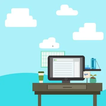 Working Space Station of Technical Person with Computer Monitor, Notepad and To Stock Illustration