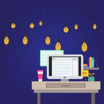 Working Space Station of Technical Person with Computer Monitor, Notepad and To Stock Illustration