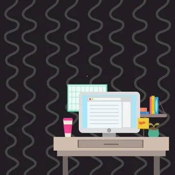 Working Space Station of Technical Person with Computer Monitor, Notepad and To Stock Illustration