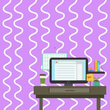 Working Space Station of Technical Person with Computer Monitor, Notepad and To Stock Illustration
