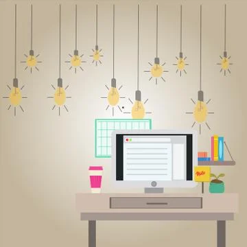 Working Space Station of Technical Person with Computer Monitor, Notepad and To Stock Illustration