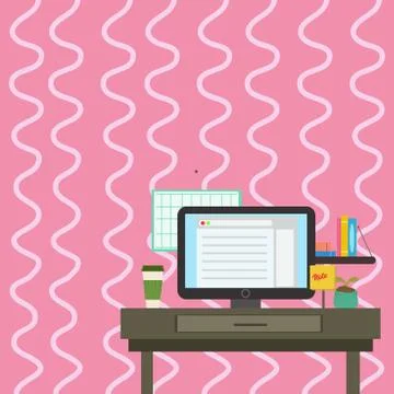 Working Space Station of Technical Person with Computer Monitor, Notepad and To Stock Illustration