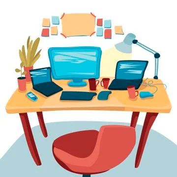Working space, table with three computers or laptops, lamp and notes on wall. A Stock Illustration