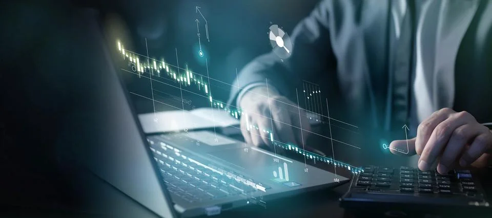 Working with stock data using a laptop and a calculator Illustrazione stock