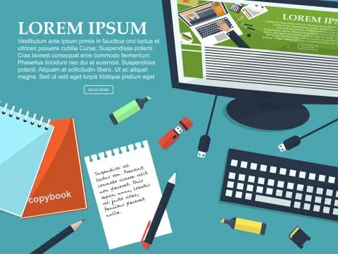 Working student table with place for your text. Flat background. Vector Stock Illustration