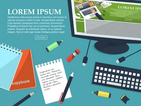 Working student table with place for your text. Flat background. Stock Illustration