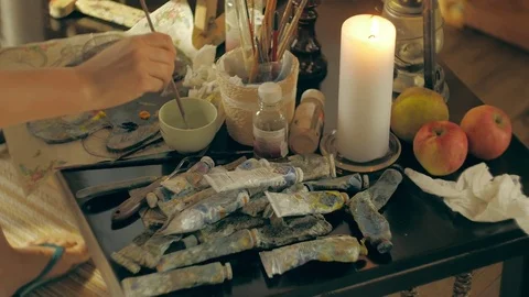 Working in the studio of the artist table Stock Footage 72729789