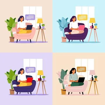 Working, studying, education, work from home concept. Flat. Vector illustrati Stock Illustration