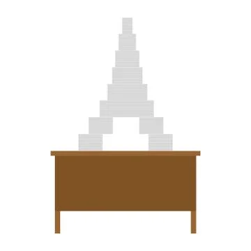 Working table and pile of papers. Eiffel Tower from documents. Dream vacati.. Illustrazione stock