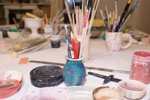 Working table of an art pottery workshop. Art school. Children's animation Stock Photos