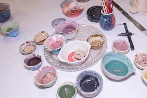 Working table of a ceramist, clay workshop Stock Photos