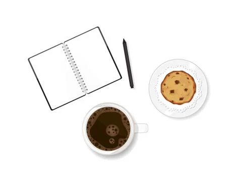 Working table with coffee, chocolate chip cookie dessert and note book. Writing Stock Illustration