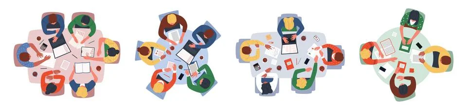 Working at table, top view people. Student group study together, team discu.. 스톡 일러스트