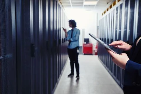 Working on tablet. server room Foto stock