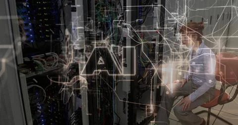 Working tech in blue-top gray-pants in server-room checking racks, tablet, AI Stock Photos