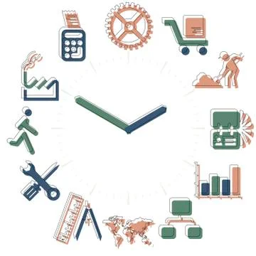 Working time. Activities icons in a watch sphere with hours. Stock Illustration