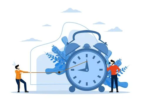 Working time management concept, alarm clock goes off on a white background. Stock Illustration